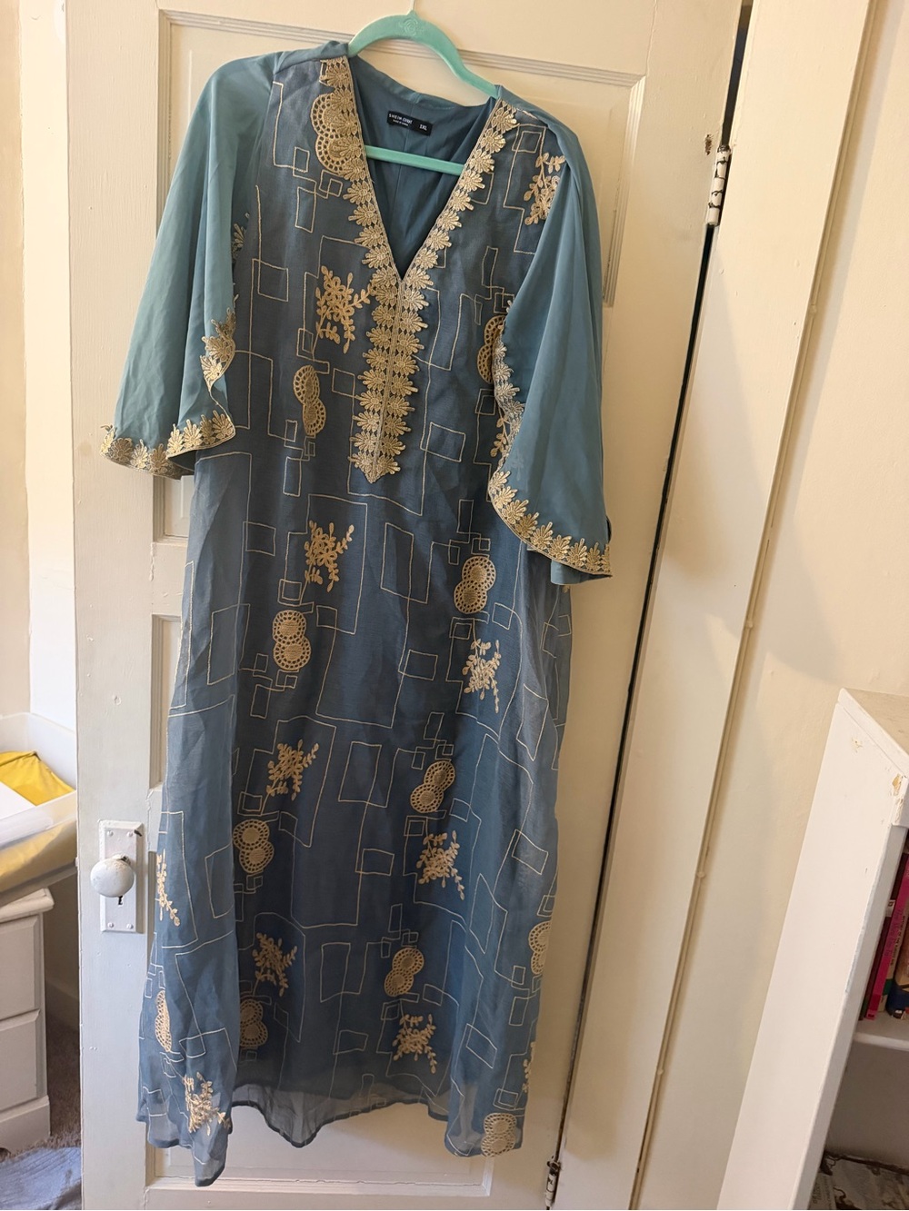 SHEIN Blue V-Neck Embroidered Kaftan Dress with Gold Accents